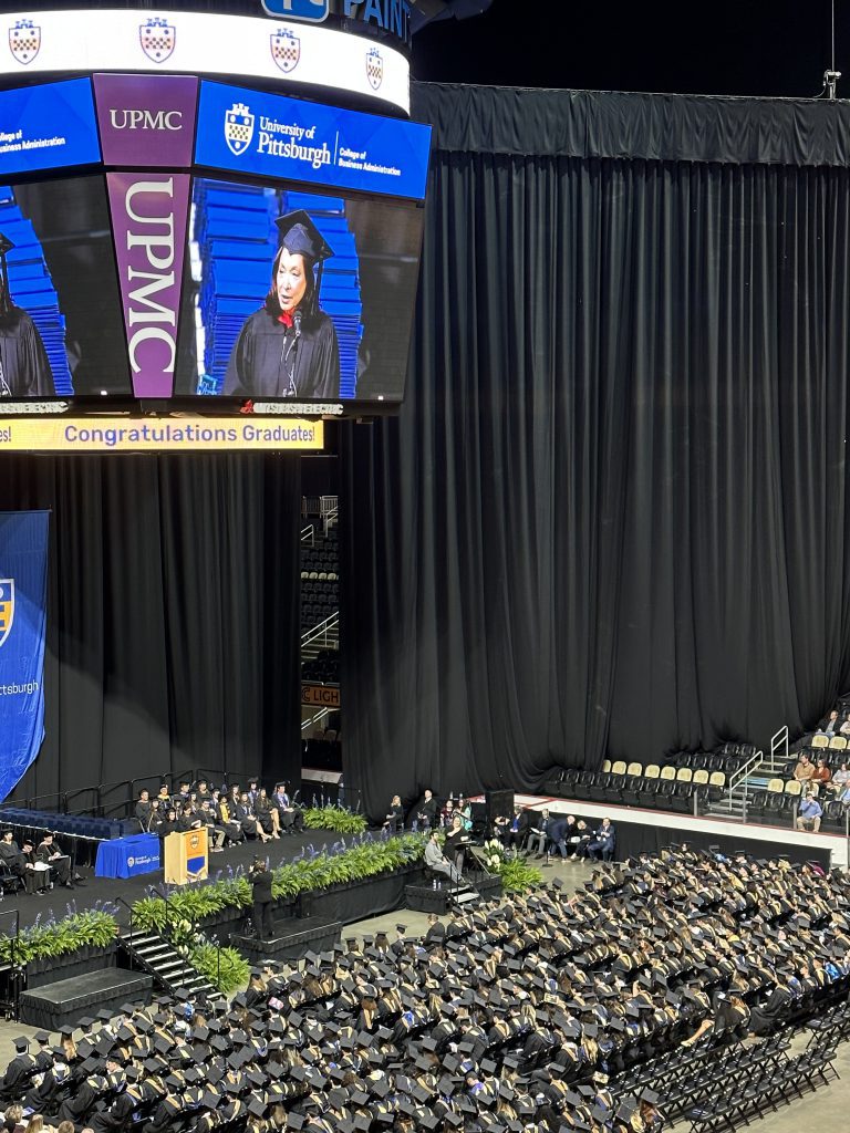 Leslie Davis, CEO of UPMC, encourages graduates to pursue what they love.